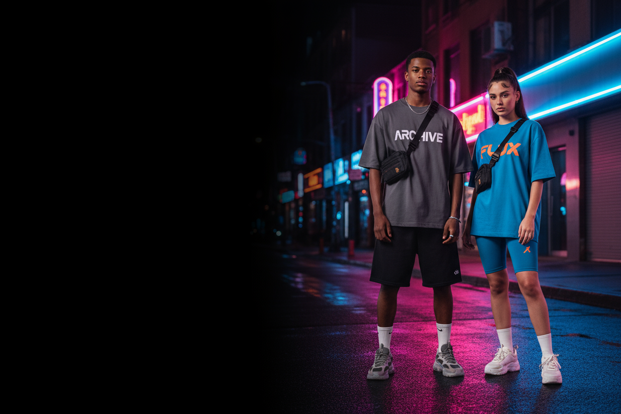 A Gen-Z male and female model wearing oversized unisex t-shirts and sports shorts with bold minimal logo, standing on an urban street with neon glow, cinematic lighting, streetwear photoshoot style, background slightly blurred, wide angle, empty space on left side for text overlay, vibrant and clean tone, 2000x1000 pixels, Shopify hero banner, ultra-realistic fashion photo —ar 2:1 —v 6 —style raw —uplight
